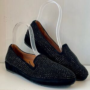 L’Amour Des Pieds Correze Rhinestone Black Suede Platform Slip On Wedge Loafers